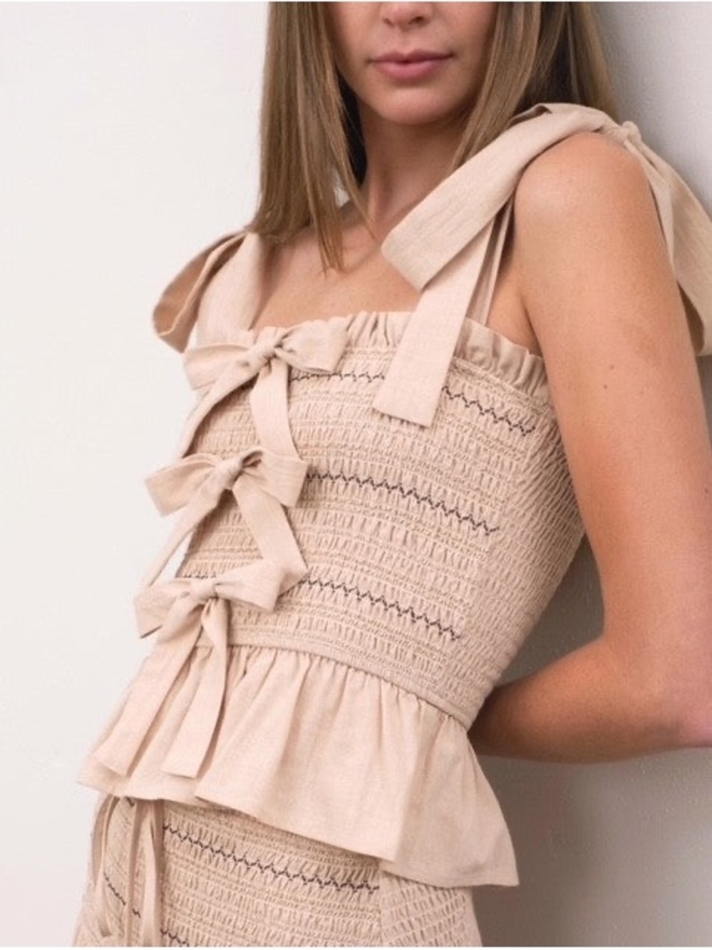 Moon River Beige Tie-Shoulder Smocked Peplum Top